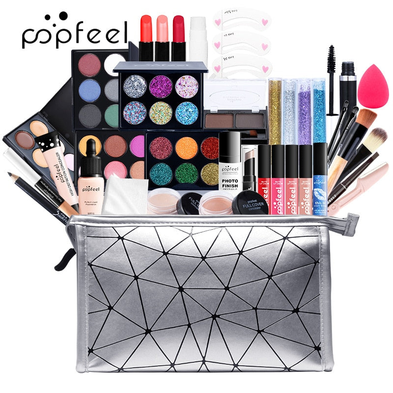 Kits de maquiagem POPFEEL para iniciantes Tudo em um kit de maquiagem.  Conjuntos de maquiagem de beleza profissional + Bolsa de cosméticos.