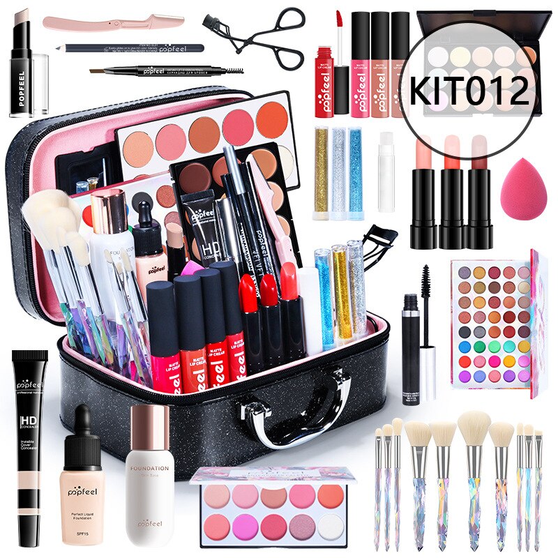 Kits de maquiagem POPFEEL para iniciantes Tudo em um kit de maquiagem.  Conjuntos de maquiagem de beleza profissional + Bolsa de cosméticos.