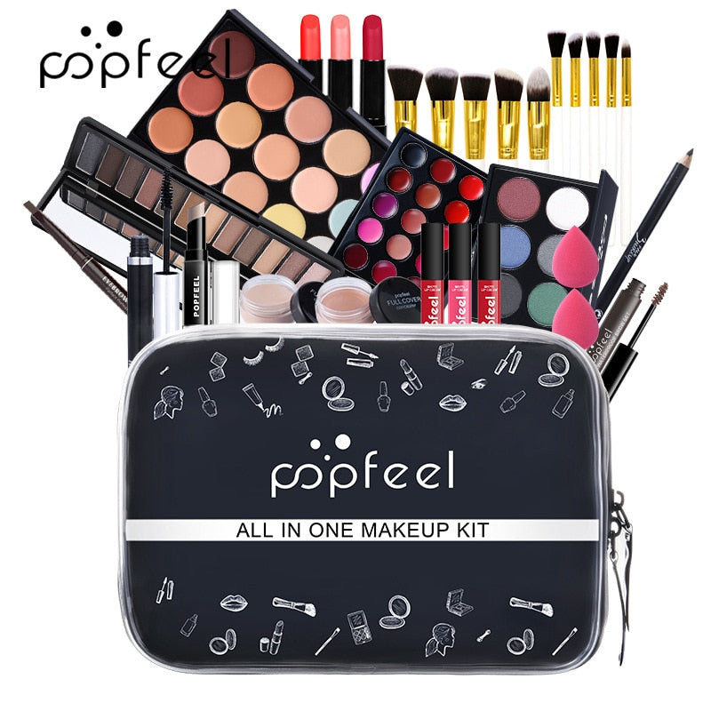 Kits de maquiagem POPFEEL para iniciantes Tudo em um kit de maquiagem.  Conjuntos de maquiagem de beleza profissional + Bolsa de cosméticos.