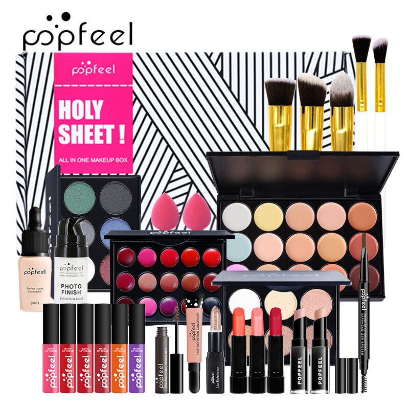 Kits de maquiagem POPFEEL para iniciantes Tudo em um kit de maquiagem.  Conjuntos de maquiagem de beleza profissional + Bolsa de cosméticos.