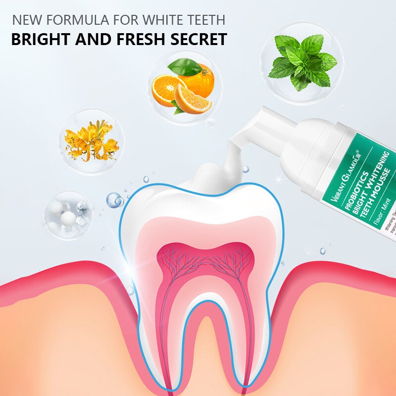 Mousse de Branqueamento Dental VIBRANT GLAMOUR - Pasta de Dentes com Menta - Remove Manchas de Placa - Mal Hálito - Dentes Brilhantes Hálito Fresco.