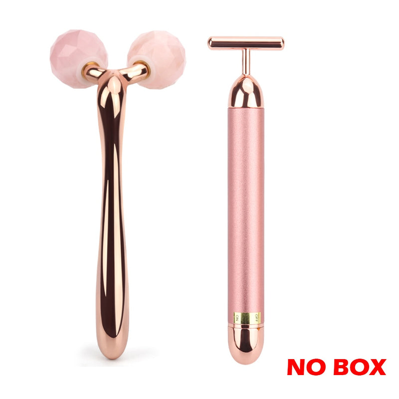 Massageador Facial 3D Ouro 24k - Barra de Elevação Facial - Rolo de Jade Massagem Facial - Placa Guasha Quartzo Rosa Natural - Ferramentas de Beleza para a Pele.