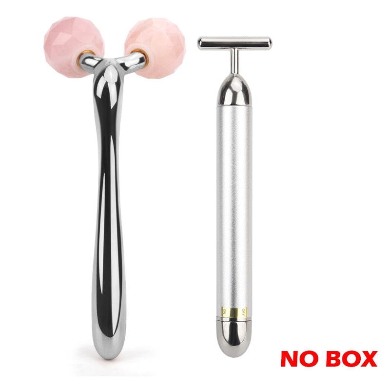 Massageador Facial 3D Ouro 24k - Barra de Elevação Facial - Rolo de Jade Massagem Facial - Placa Guasha Quartzo Rosa Natural - Ferramentas de Beleza para a Pele.